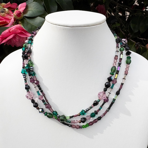 Art Deco Crystal Beaded Necklace: Amethyst, Emerald, Jet Czech Glass, 67 Inches, Vintage