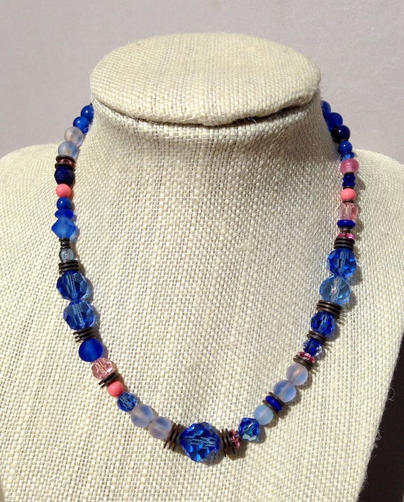 15 Inch Sapphire Blue, Cobalt and Rose Pink Austrian Crystal and Czech Glass Choker Art Deco Necklace, "Sky Patrol"