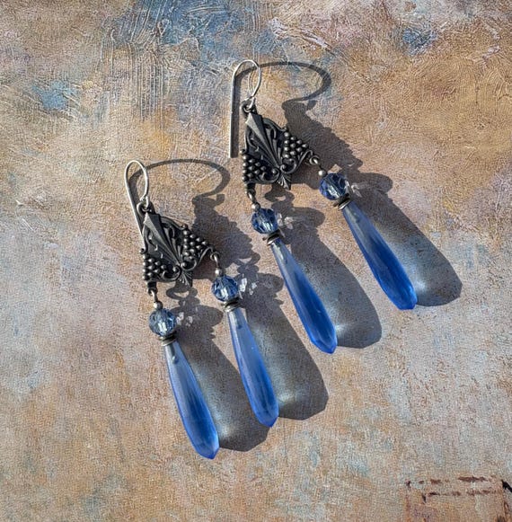 Frosted Light Sapphire Chandelier Earrings: Antique Czech Glass, Silver Filigree