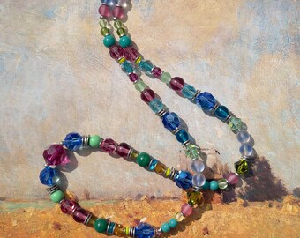 Crystal Beaded Necklace, Pink, Sapphire, Peridot Czech Glass, Antiqued Silver, Art Deco, 24 Inch