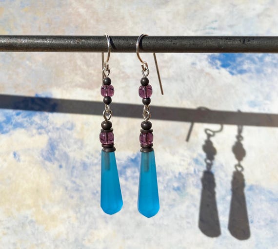 Frosted Czech Glass Drop Earrings: Art Deco Blue Prisms, Amethyst Accents
