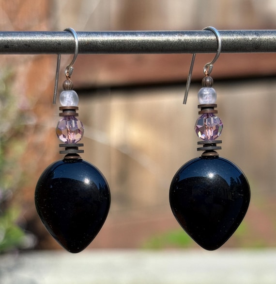 Jet Glass Earrings: Lt. Amethyst Crystal and Czech Glass, Bronze, "Almonds 14"