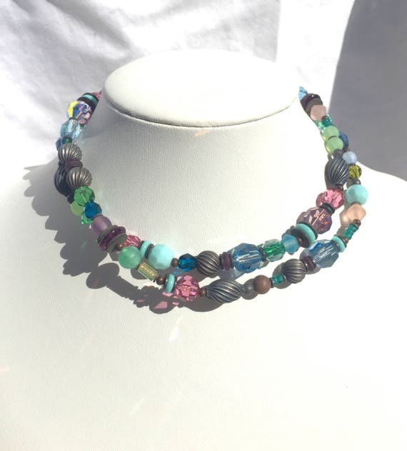 Pastel Crystal Necklace, 24 Inch Necklace, Peridot, Turquoise, Lilac, Pink, Czech Glass and Austrian Crystal, Art Deco,"Off Track Betting"