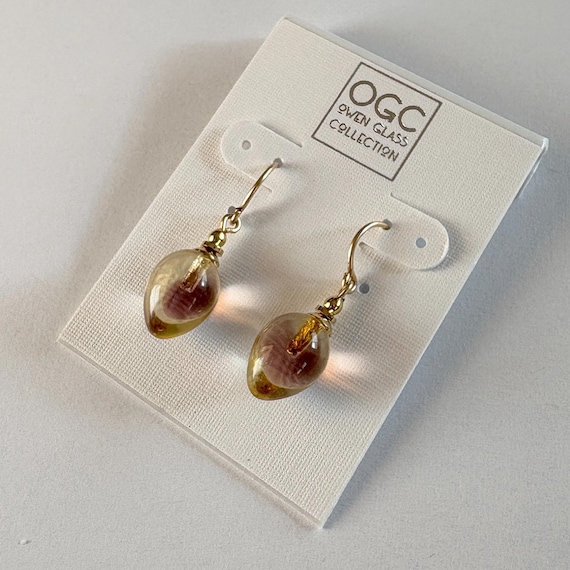 Two-Toned Lavender and Pale Yellow Dangle Earrings; German Glass, Gold Trim