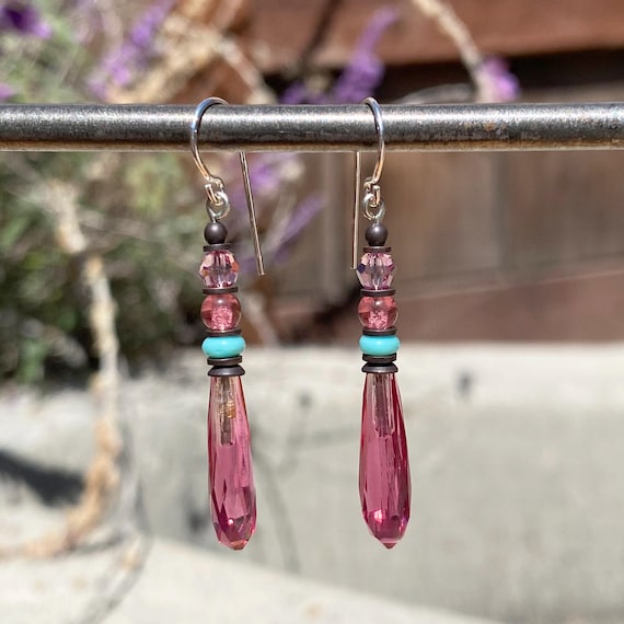 Pink Prism Earrings: Antique Czech Glass, Turquoise, Austrian Crystal, Bronze Accents, "Petites 5"