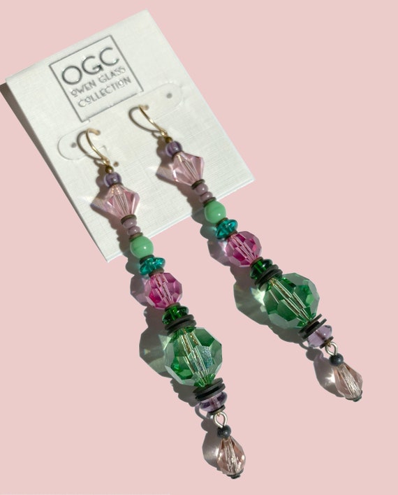 Pastel Shoulder Duster Earrings, Antique Czechoslovakian Glass and Austrian Crystal, Pink and Peridot, Art Deco Glass, "Light Hearted"