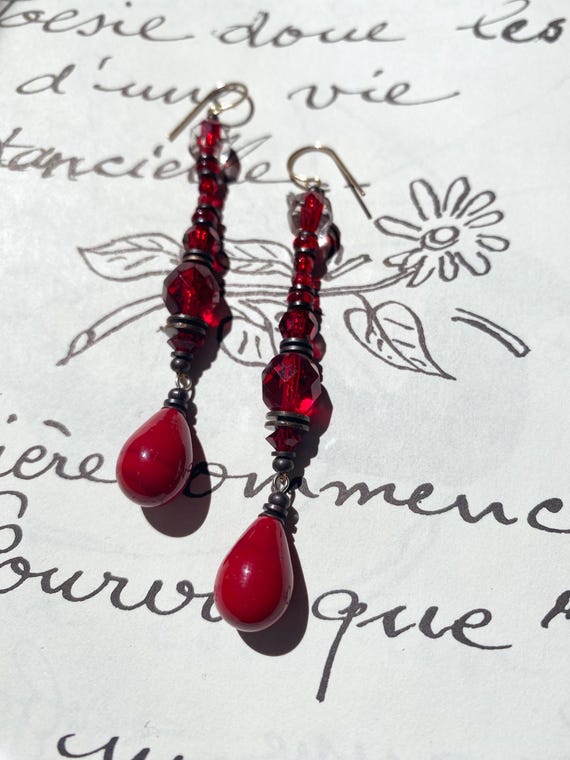Red Shoulder Duster Earrings, Antique Czech Glass Drops, Austrian Crystal and Antique Japanese Glass with Czech Glass, "Good Intentions"