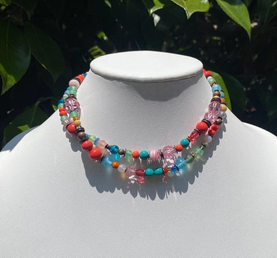 30 Inch Beaded Necklace, Austrian Crystal and Czech Glass in Shades of Pink, Peridot and Aqua, Rare Vintage Glass, "Stutz Bearcat Overture"