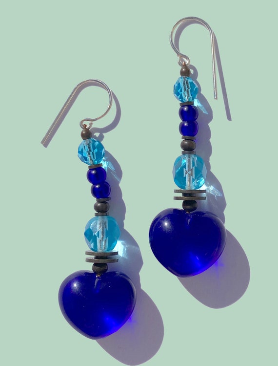 Blue Heart Earrings, Cobalt Heart Shaped Dangle Earrings with Aqua Accents, Antiqued Bronze, Czechoslovakian and German Glass, Style 440