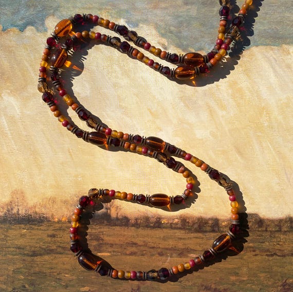 32 Inch Beaded Necklace: Shades of Topaz, Garnet, Crystal, Bronze, Art Deco