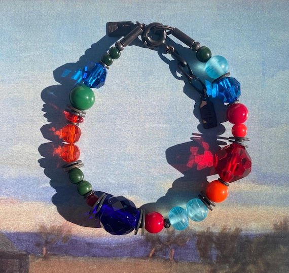 Cobalt and Red Crystal Beaded Bracelet: Glass, Crystal, Bronze, "Wild Birds"