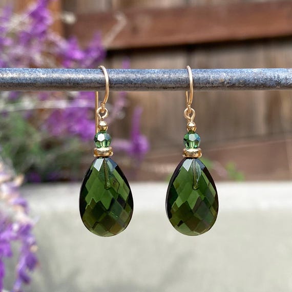 Green Glass Earrings, Tourmaline Crystal, Gold: Handmade Earrings, High Street 40