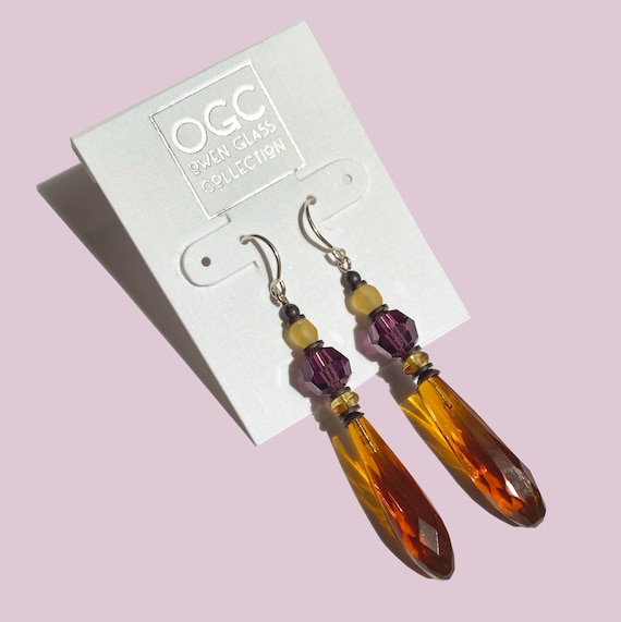 Deep Topaz Prism Earrings, Chandelier Earrings with Amethyst Accents, European Glass, Bronze Trim, Handmade in the USA, "Tashkent"