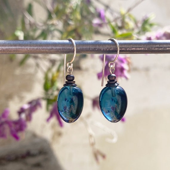 Indigo Blue Glass Earrings, German Glass with Silver Ear Wires, Clear Indigo Blue Earrings, Handmade Earrings, "Berries 18"