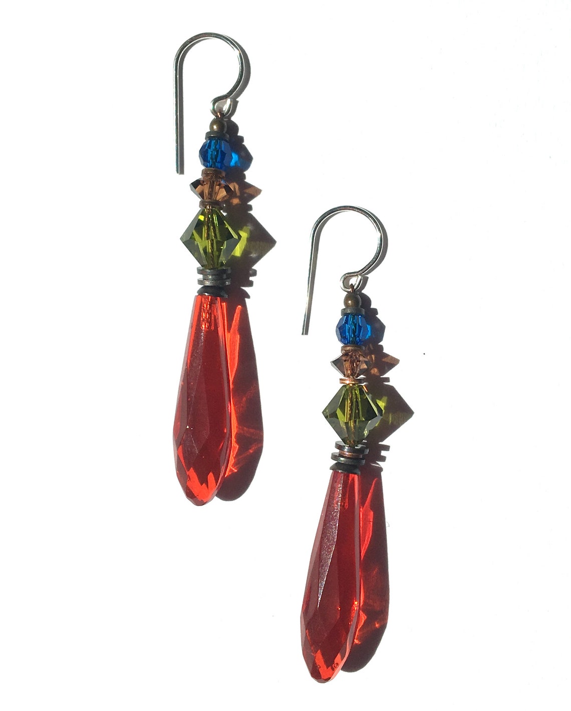 Bright Orange Chandelier Earrings, Austrian Crystal Accents in Olivine, Smoke Topaz and Capri