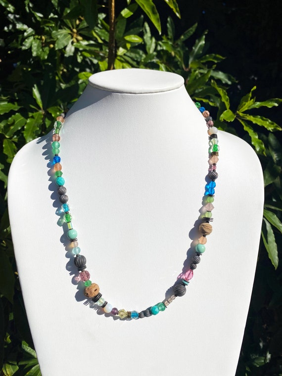 24 Inch Necklace, Turquoise, Light Amethyst and Peridot Austrian Crystal and Czechoslovakian Glass, Carved Stone, "On Island"