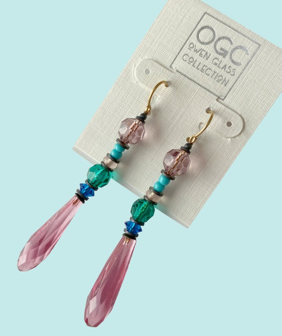 Pink Chandelier Earrings, Emerald, Light Amethyst and Turquoise Czech Glass, Capri Blue Austrian Crystal, Bronze, Art Deco, Style 363