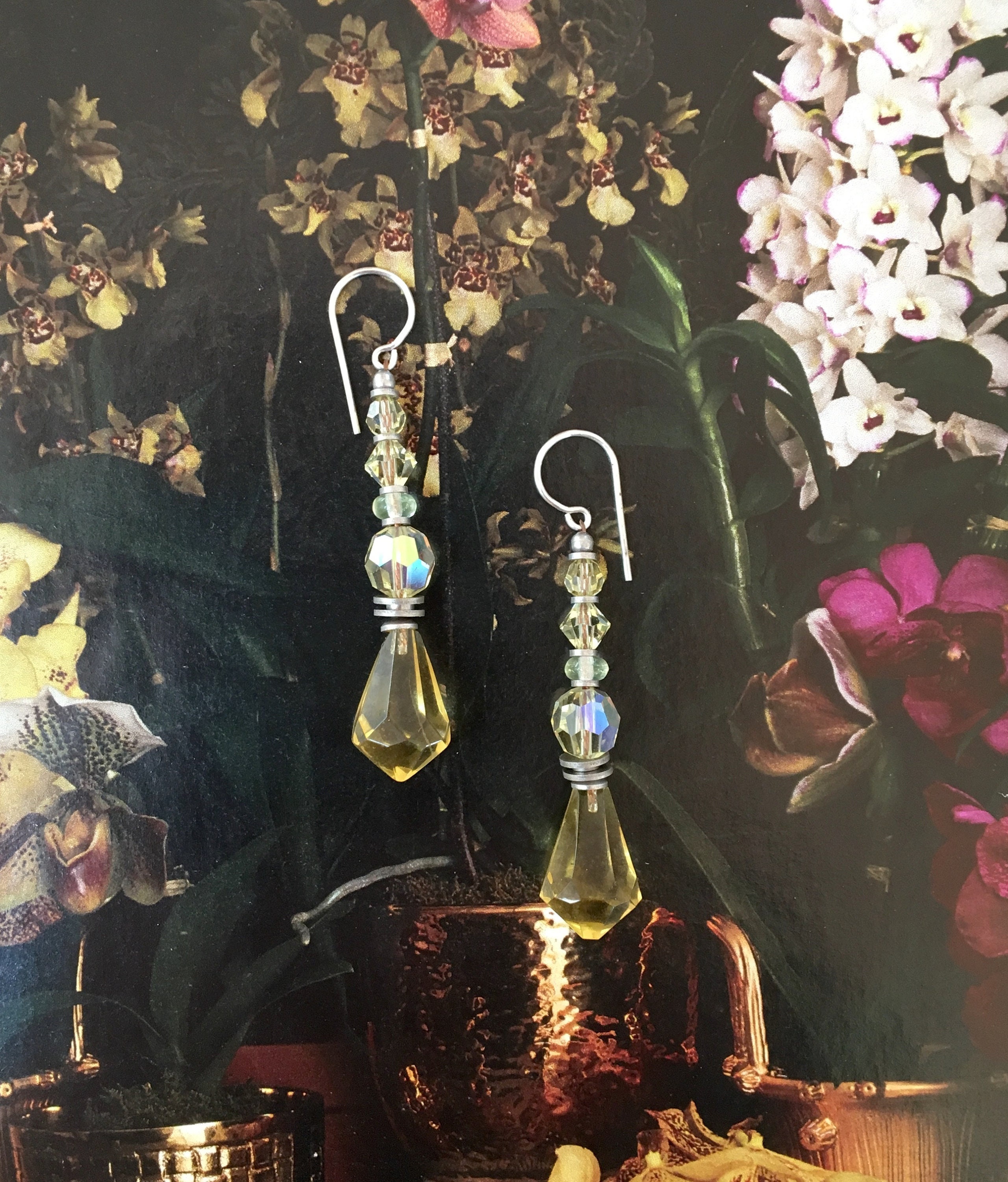 Pale Yellow Earrings, Light Jonquil German Glass and Austrian Crystal Dangle Earrings, Lemon