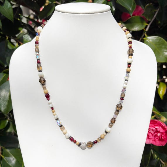 24-Inch Smoke Topaz Beaded Necklace: Garnet, Shell, Jasper, Crystal, Czech Glass, Bronze, Art Deco