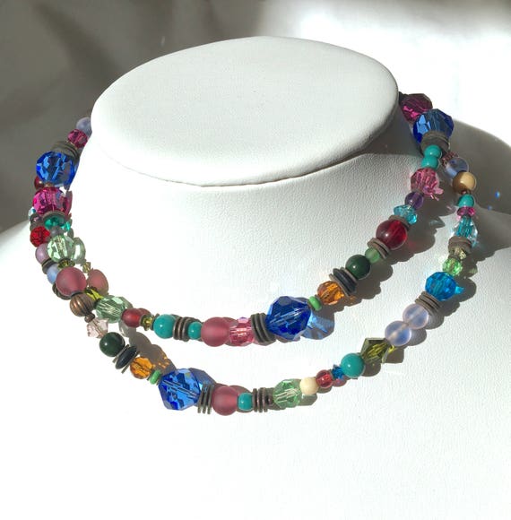 30 Inch Sapphire and Fuchsia Austrian Crystal and Czech Glass Art Deco Necklace, "Circus"