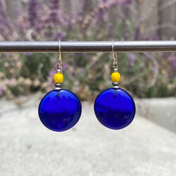 Cobalt and Yellow Earrings, Bright Blue and Yellow Dangle Glass Earrings, German and Czech Glass, Silver Accents, "Michigan Windows"