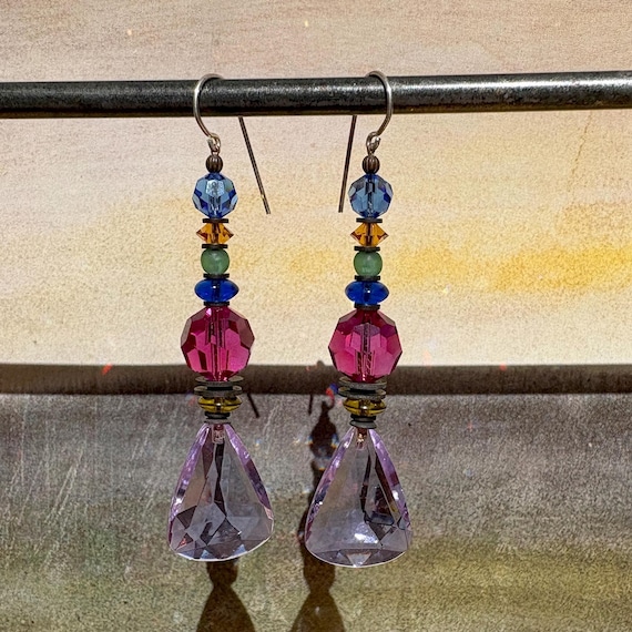 Light Amethyst Dangle Earrings; Austrian Crystal, Czech Glass, Art Deco, Silver