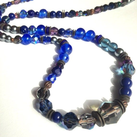 Blue Glass 24 Inch Necklace, Sapphire, Cobalt, Denim Blue and Silver Glass Pears, Austrian Crystal And Czech Glass with Bronze, "Blue Moon"