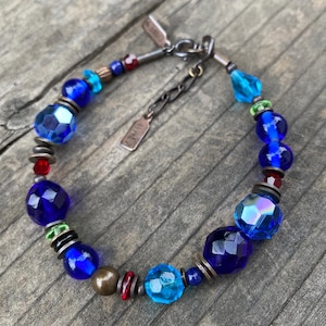 Cobalt Bracelet, Blue Beaded Bracelet, Czech Glass, Austrian Crystal, Antiqued Bronze, Art Deco Era Glass,  &quot;Portia Faces Life&quot;