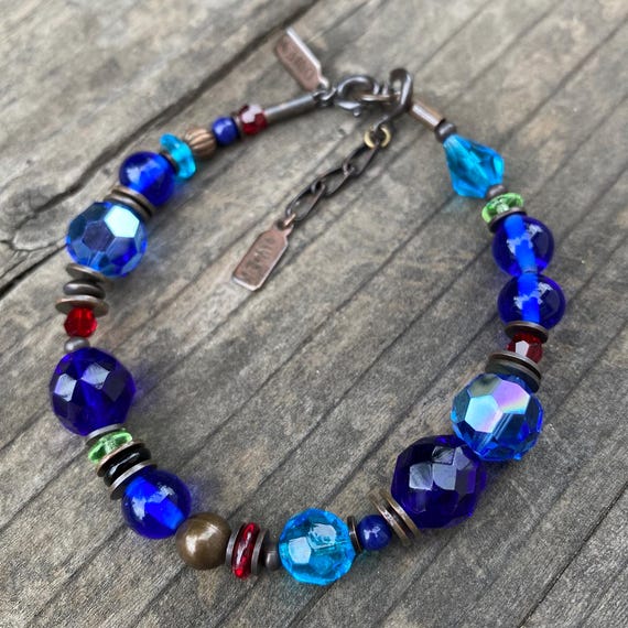 Cobalt Bracelet, Blue Beaded Bracelet, Czech Glass, Austrian Crystal, Antiqued Bronze, Art Deco Era Glass,  "Portia Faces Life"