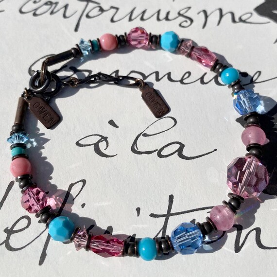 Pink and Blue Bracelet, Czech Glass and Austrian Crystal in Shades of Rose, Turquoise and Sapphire, Rare Vintage Glass, Bronze, Style 132