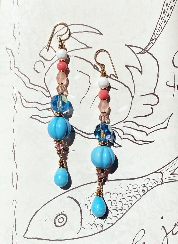 Turquoise Shoulder Dusters, Aqua, Pink Czech Glass, Austrian Crystal, Long Dangle Earrings, Pastel Glass, 14K Gold Dipped Trim, "Splash 5"