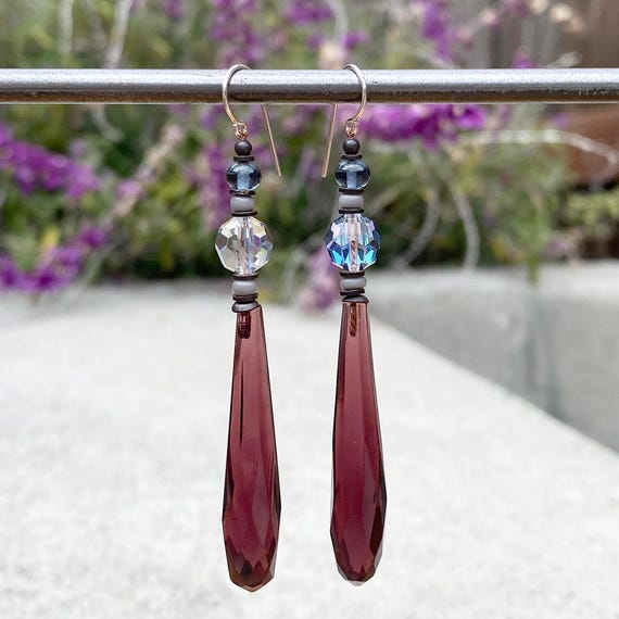 Amethyst Chandelier Earrings, Long German Glass Prisms, Iridescent Austrian Crystal Focal Beads, Blue, Gray Czech Glass, Bronze, "Splash 6"