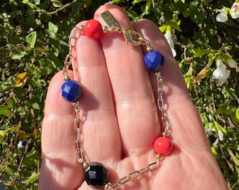 Jet, Cobalt and Coral Bracelet, Czech Glass, Art Deco, Gold