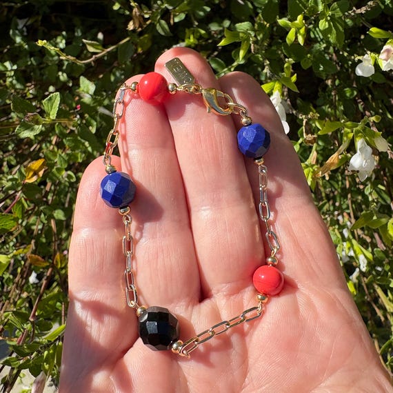 Jet, Cobalt and Coral Bracelet, Czech Glass, Art Deco, Gold