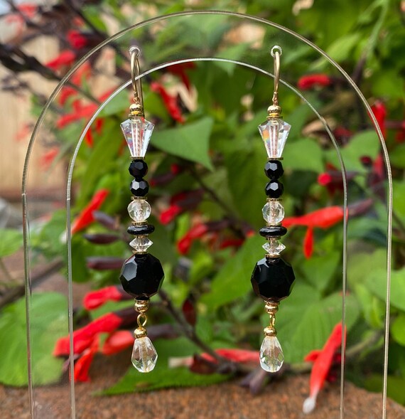 Jet and Clear Crystal Earrings, Austrian Crystal in Jet & Clear Crystal, Czech Glass, Gold Trim, Art Deco, Rare Glass, "First Gala"