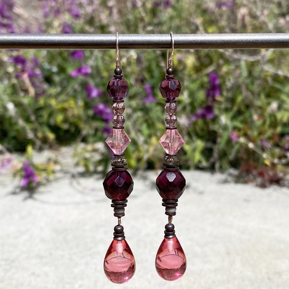 Pink Dangle Earrings, Antique Czech Glass Pink Drops, Austrian Crystal in Pink and Amethyst, Bronze Accents, Handmade, Vintage, "Adore"