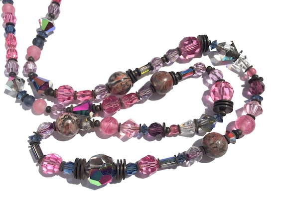 Rose, Light Amethyst and Tiger Jasper, Austrian Crystal and Czech Glass Art Deco 24 Inch Necklace, "Spain, Generally"