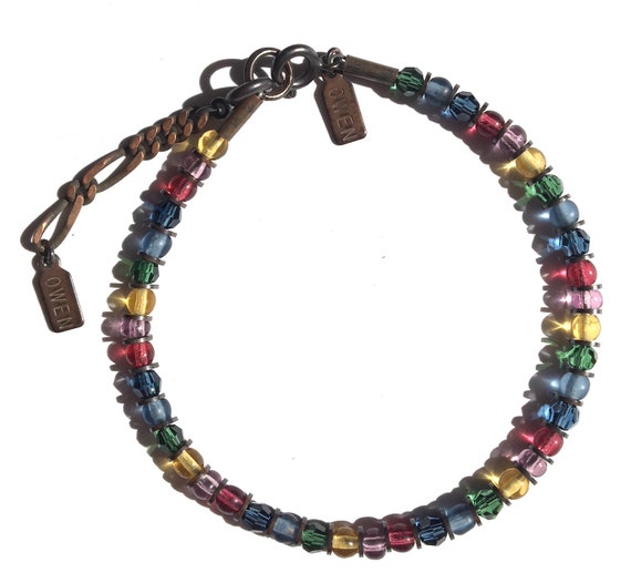 Beaded Bracelet, Green, Pink, Indigo Blue and Light Amethyst Austrian Crystal & Czech Glass, Art Deco, Bronze, "No Loss of Generality"