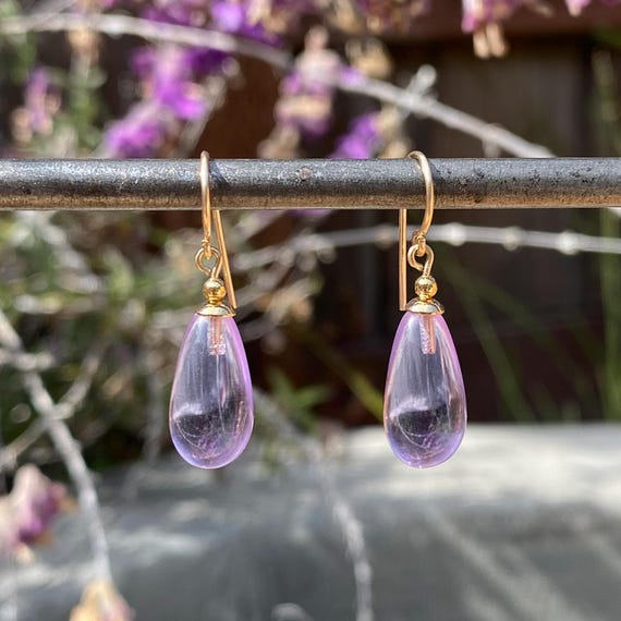 Periwinkle Purple Glass Earrings, Light Amethyst, German Glass Drops with Gold Accents, Handmade Earrings, "Brights 9"