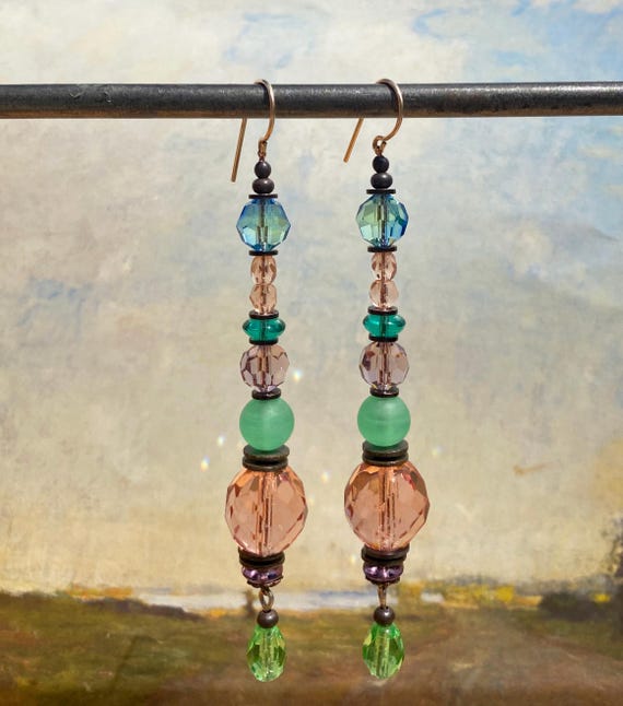 Light Topaz and Peridot Shoulder Duster Earrings: Czech Glass & Bronze, Sterling Silver