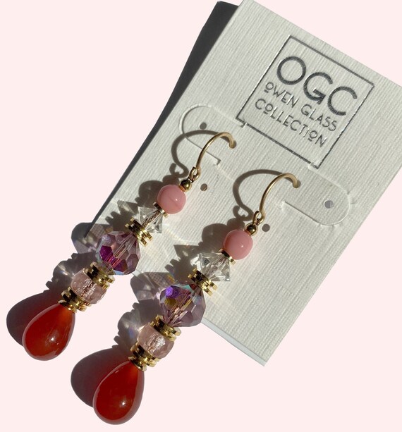 Czech Glass Pink Earrings, Antique Art Deco Era Pink Glass Drops, Austrian Crystal, Iridescent Light Amethyst, Peach, Gold Trim, "Foxtrot 1"