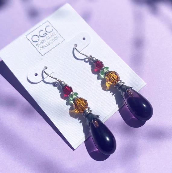 Amethyst Dangle Earrings, German Glass Drops with Austrian Crystal in Topaz and Red, Peridot Czech Glass, Rare Glass, Style 485