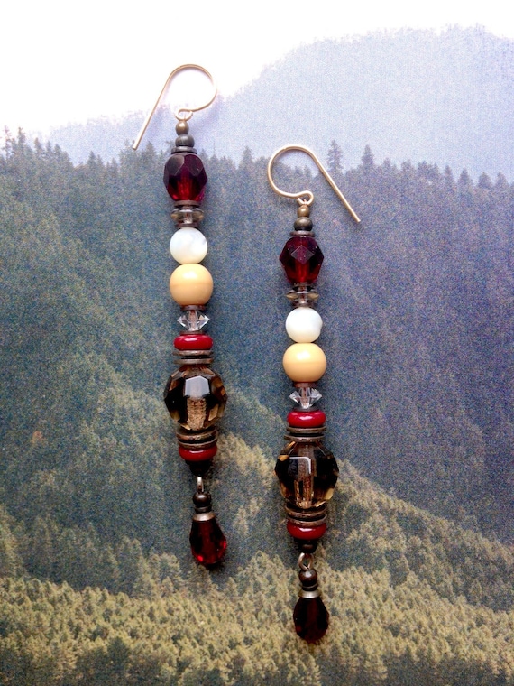 Shoulder Dusters Earrings, Garnet and Smoke Topaz Czech Glass with Austrian Crystal, Art Deco Chandelier Earrings, "Strauss Waltz"