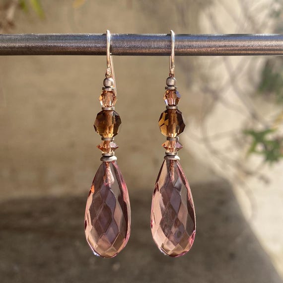 Mauve Glass Earrings, Light Amethyst German Glass, Austrian Crystal in Shades of Smoke Topaz, Art Deco Earrings, "Cabaret 10"