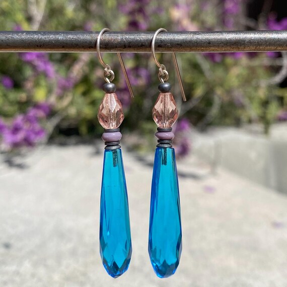 Turquoise Chandelier Earrings, German Glass Drops, Rare Glass, Light Peach Czech Glass Top Beads, Handmade Earrings, Style 720