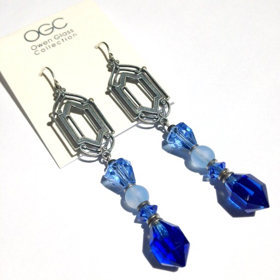 Blue Glass Earrings, Antique Sapphire Drop Earrings with Antique Czech Glass and Austrian Crystal in Light Blue, "Swing Time 18"