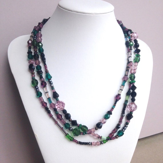 67 Inch Jet, Amethyst and Emerald Austrian Crystal and Czech Glass Art Deco Extra Long Necklace "5 O'Clock News"