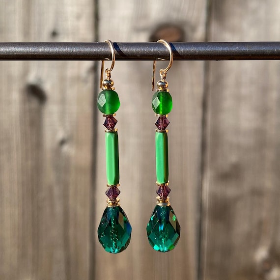 Teal Green Glass Earrings, Rare Austrian Crystal, Antique Czech Opaque Green Glass, Amethyst Crystal, Gold Trim, Vintage Glass, "Foxtrot 6"