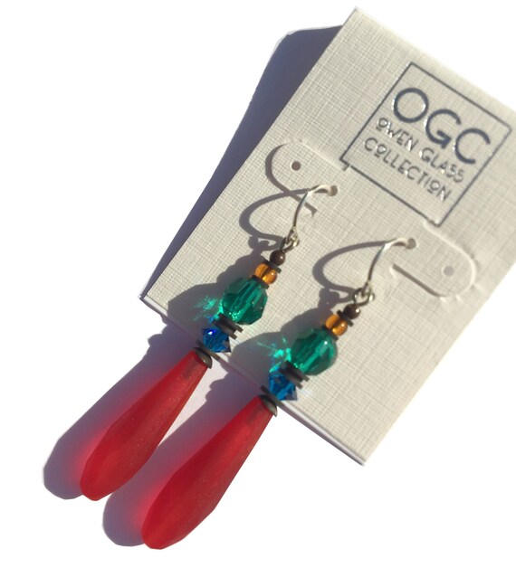 Red Chandelier Earrings, Emerald and Topaz Czech Glass, Capri Blue Austrian Crystal, Frosted Red Prisms, Art Deco, "Revival 20"