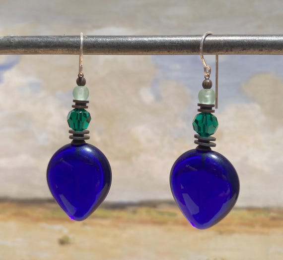 Cobalt Earrings, Blue Glass Earrings with Emerald Austrian Crystal, Frosted Peridot Czech Glass, Art Deco, Bronze, "Almonds 11"